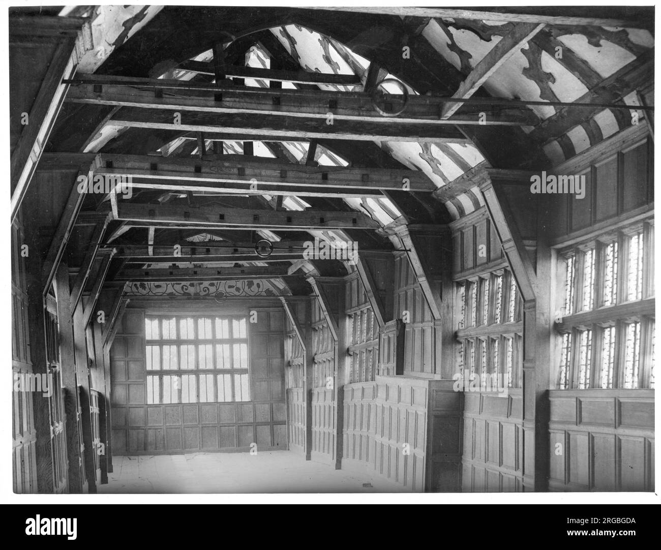 The long Oak gallery at Moreton Hall, Cheshire. Stock Photo