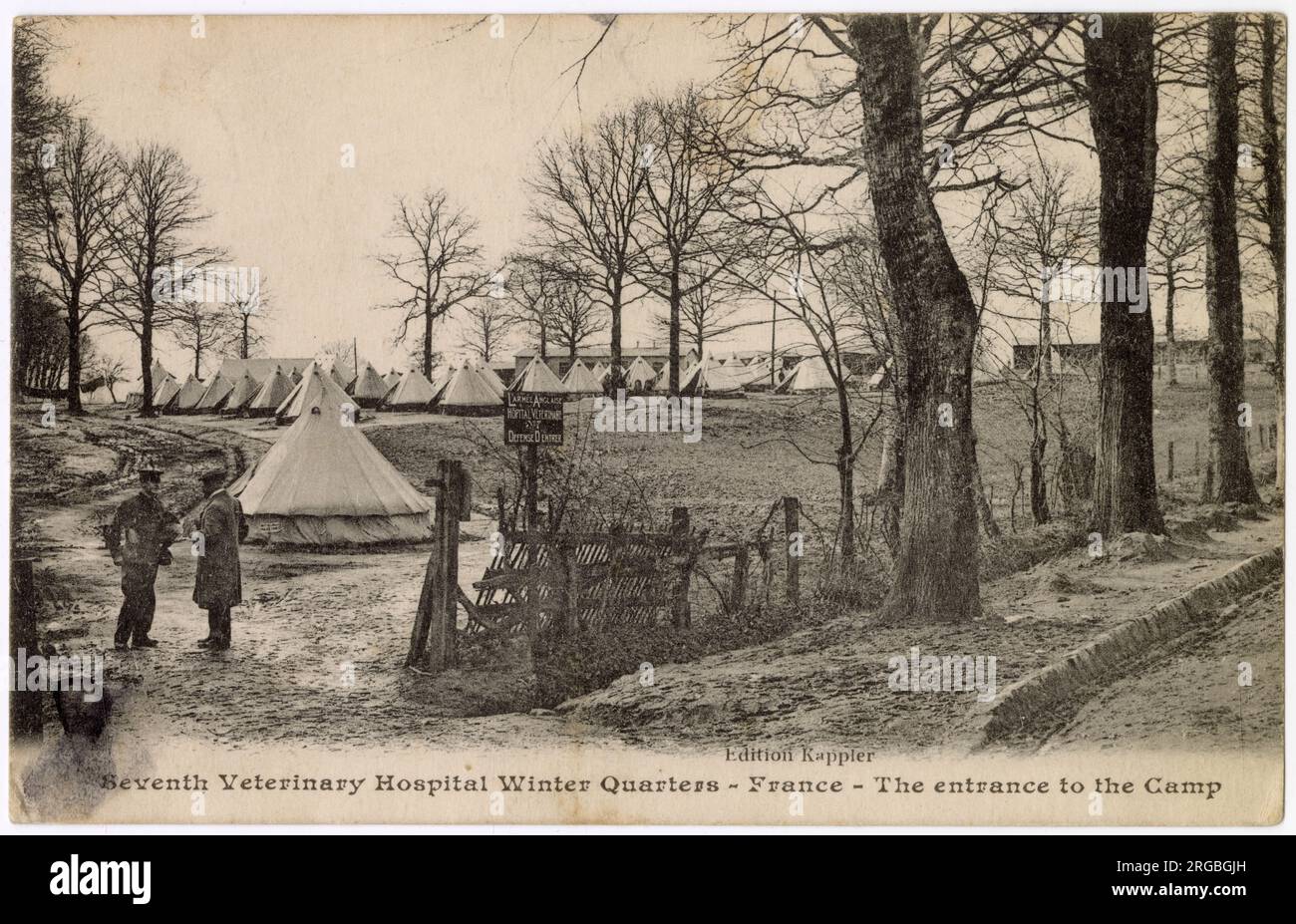 Entrance to camp, Seventh Veterinary Hospital, British Army, winter quarters, France, WW1 Stock Photo