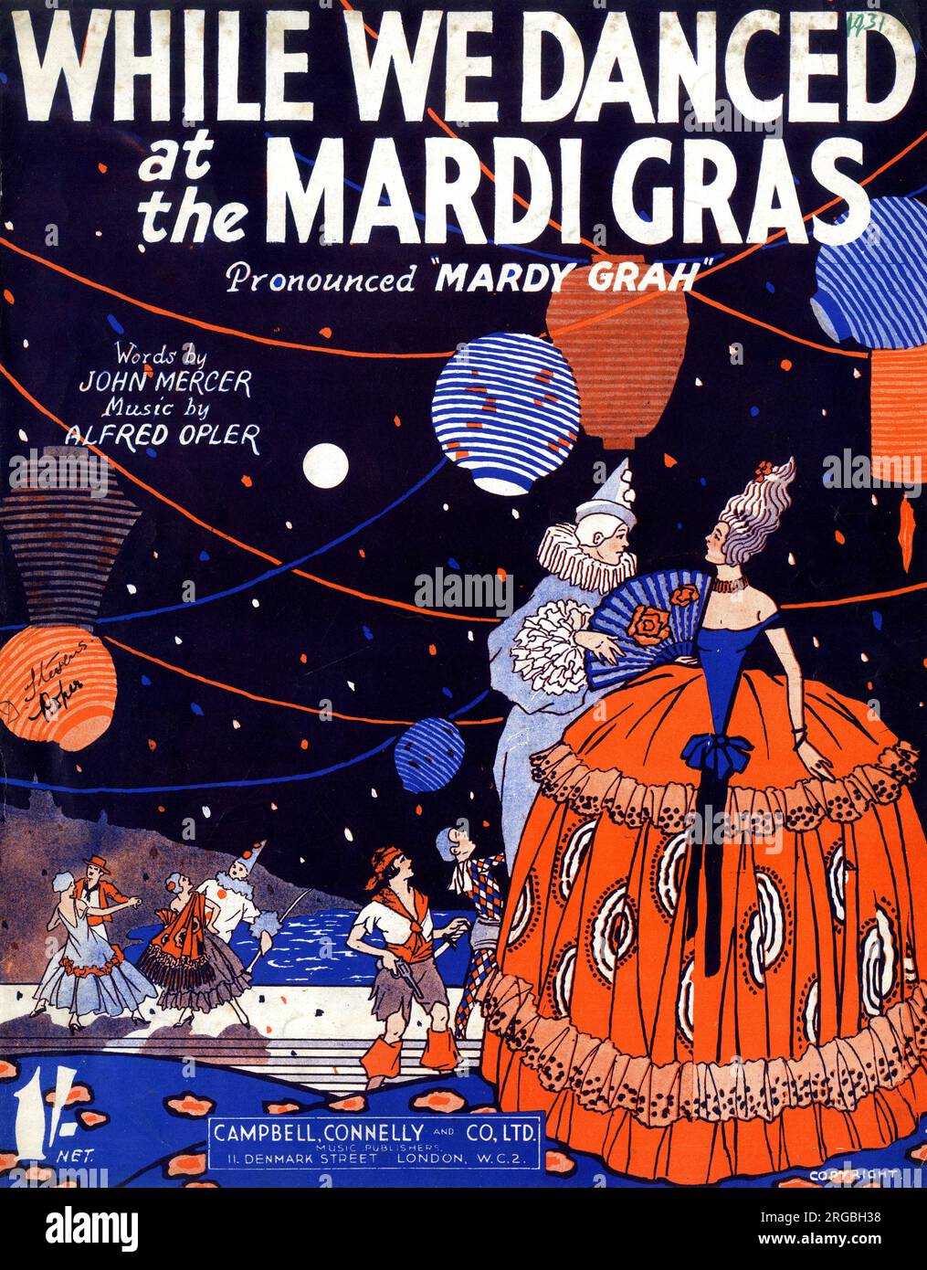 Music cover, While We Danced at the Mardi Gras, words by John Mercer, music by Alfred Opler. Stock Photo