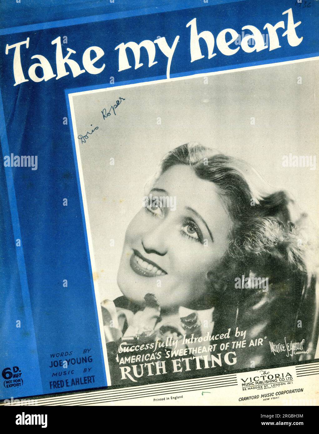 Music cover, Take My Heart, words by Joe Young, music by Fred E Ahlert, sung by Ruth Etting, America's Sweetheart of the Air. Stock Photo