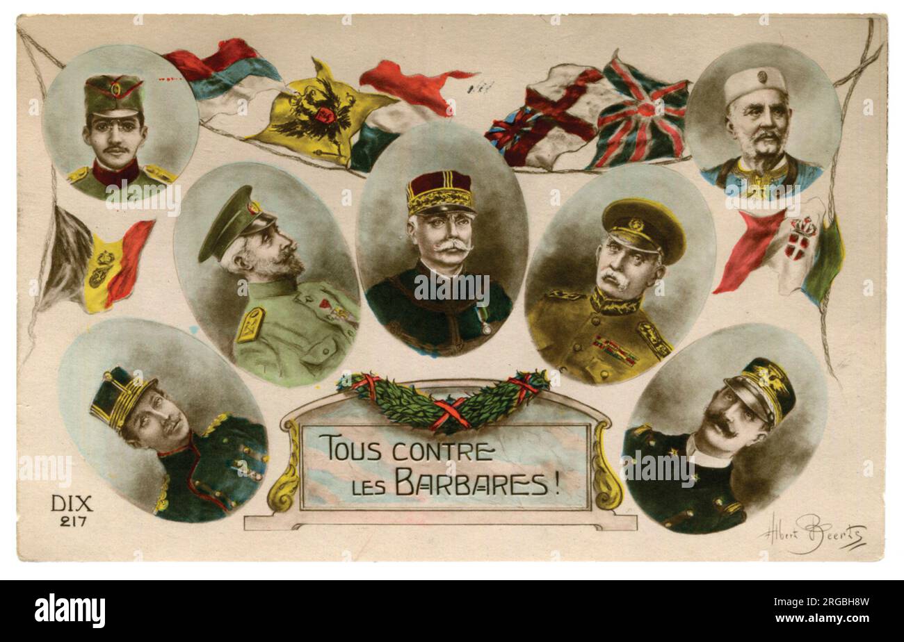 Posted from the BEF in France the card shows the team 'United against the Barbarians'. Passed by Censor 1332. WW1 Stock Photo
