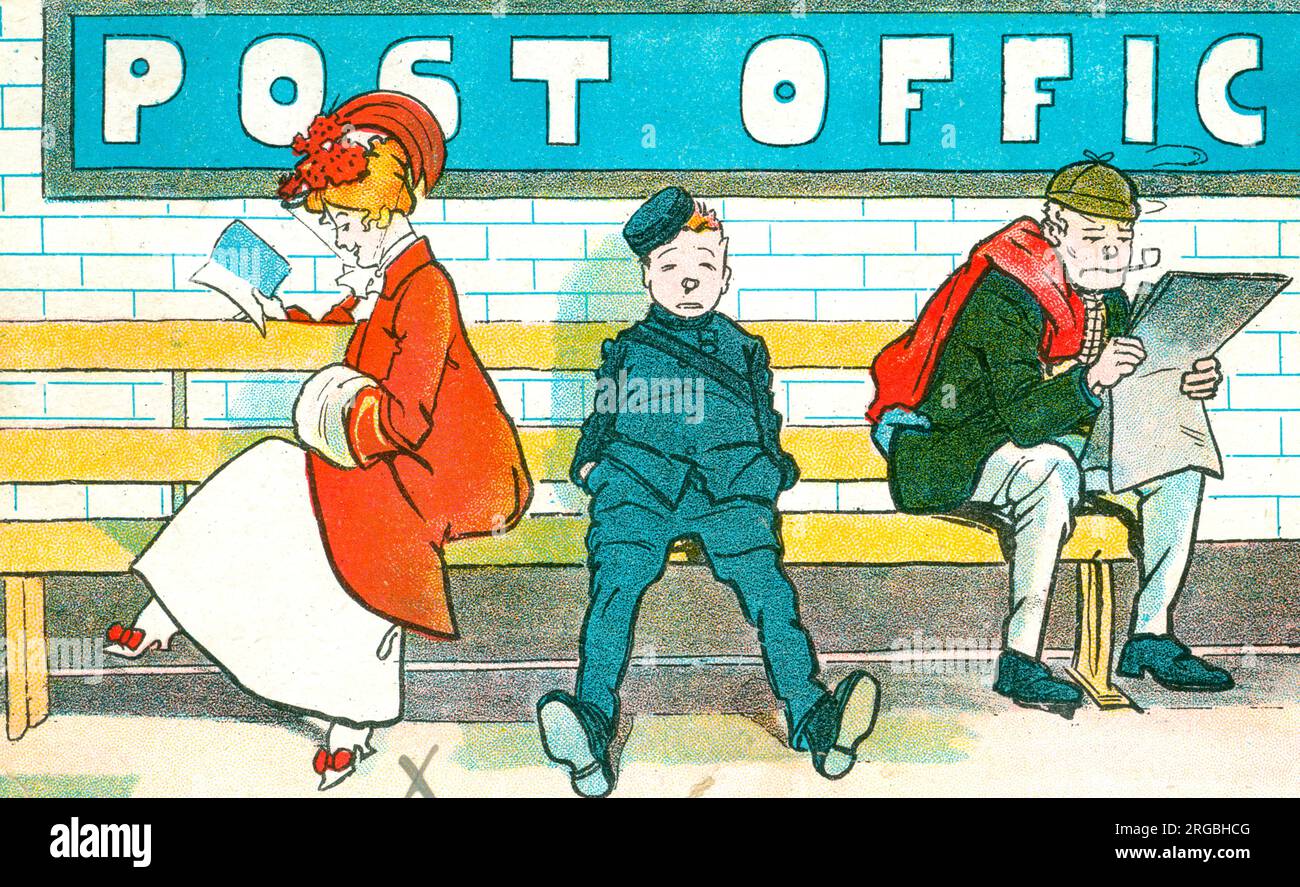 Postcard advert for Shurey's Publications supplied free with Shurey's magazines. Lady reading a book, man smoking a pipe and a uniformed Post Boy between them. Stock Photo