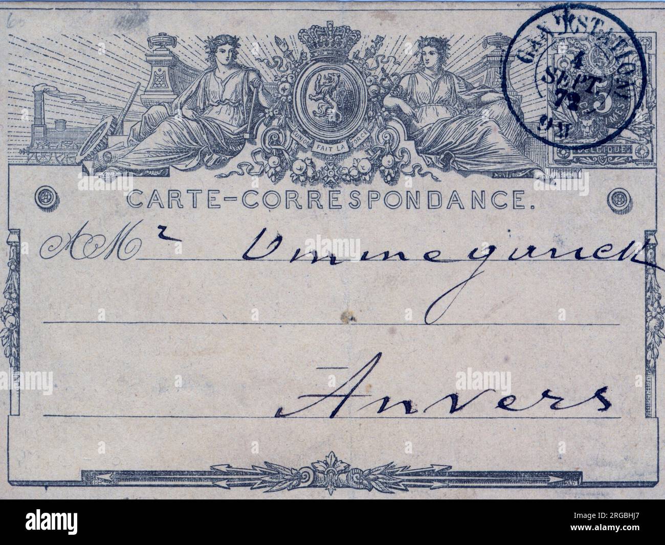 This postcard is entitled Carte Correpondance. It was posted on 4 September 1872 to Amvers and carries a 5 Centimes printed stamp. Stock Photo