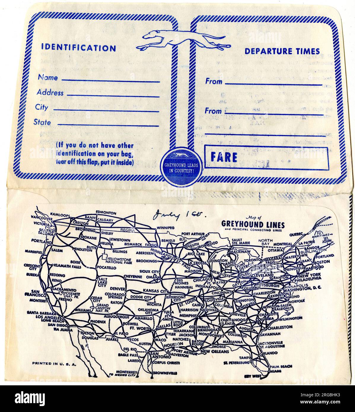 Greyhound Lines, back of ticket wallet including USA routes map Date