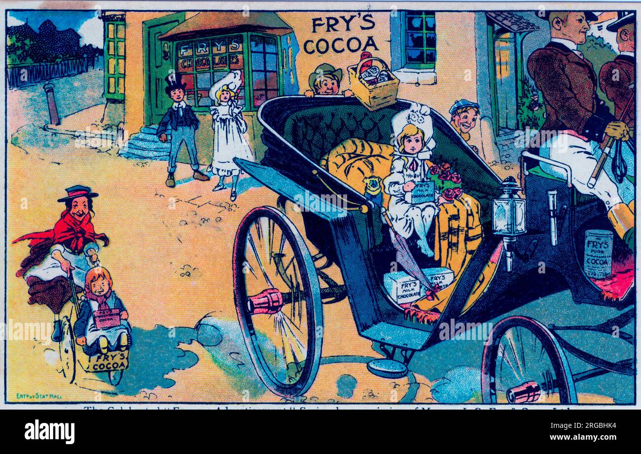 This is one of the collectable 'Famous Advertisment' series of advertising postcards. It shows a small girl and a dog in a horse driven cart outside a quaint shop with Frys products and ads dotted here and there in the image. Stock Photo
