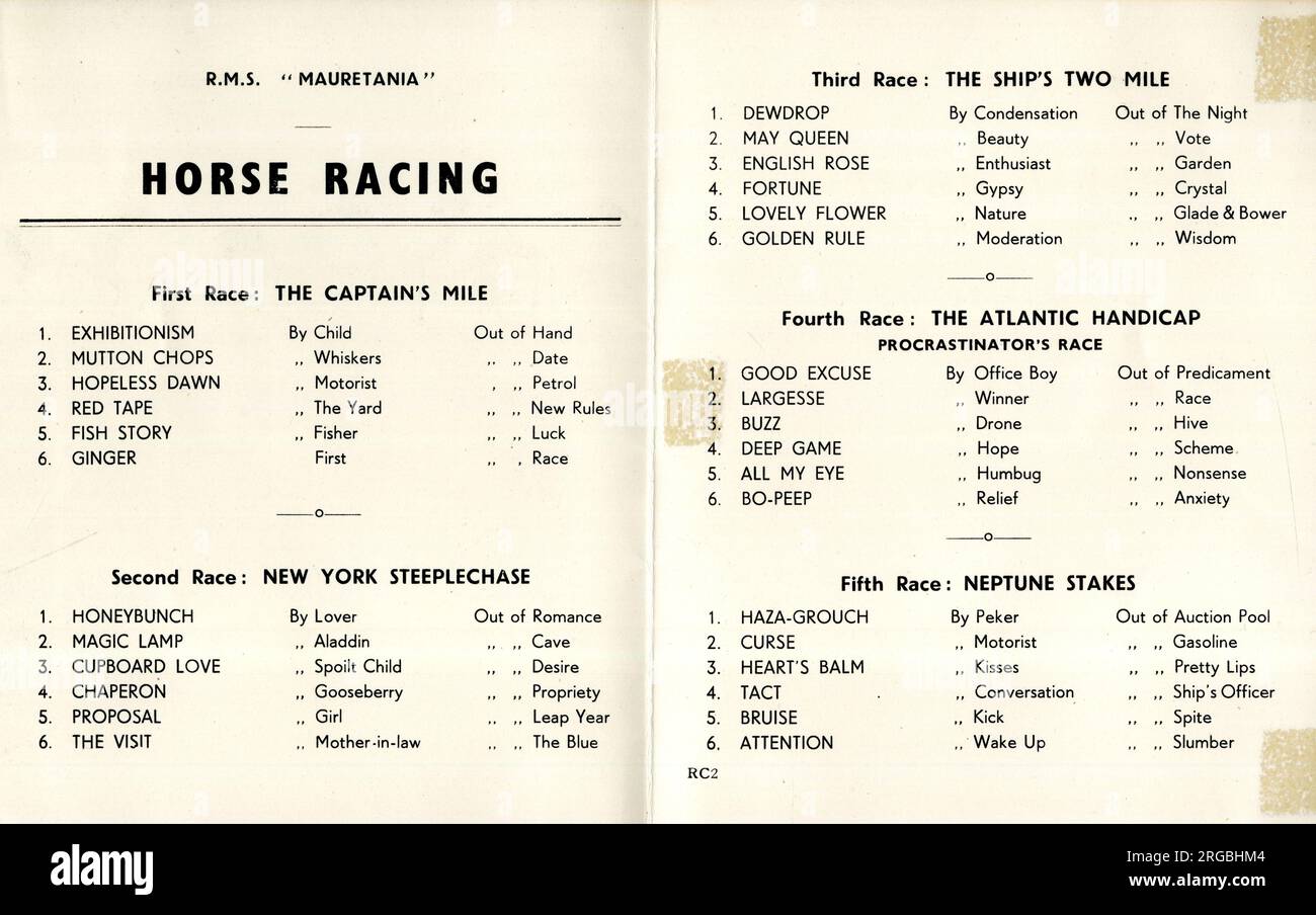 Horse Racing programme on board Cunard liner RMS Mauretania, 27 July 1953 Stock Photo
