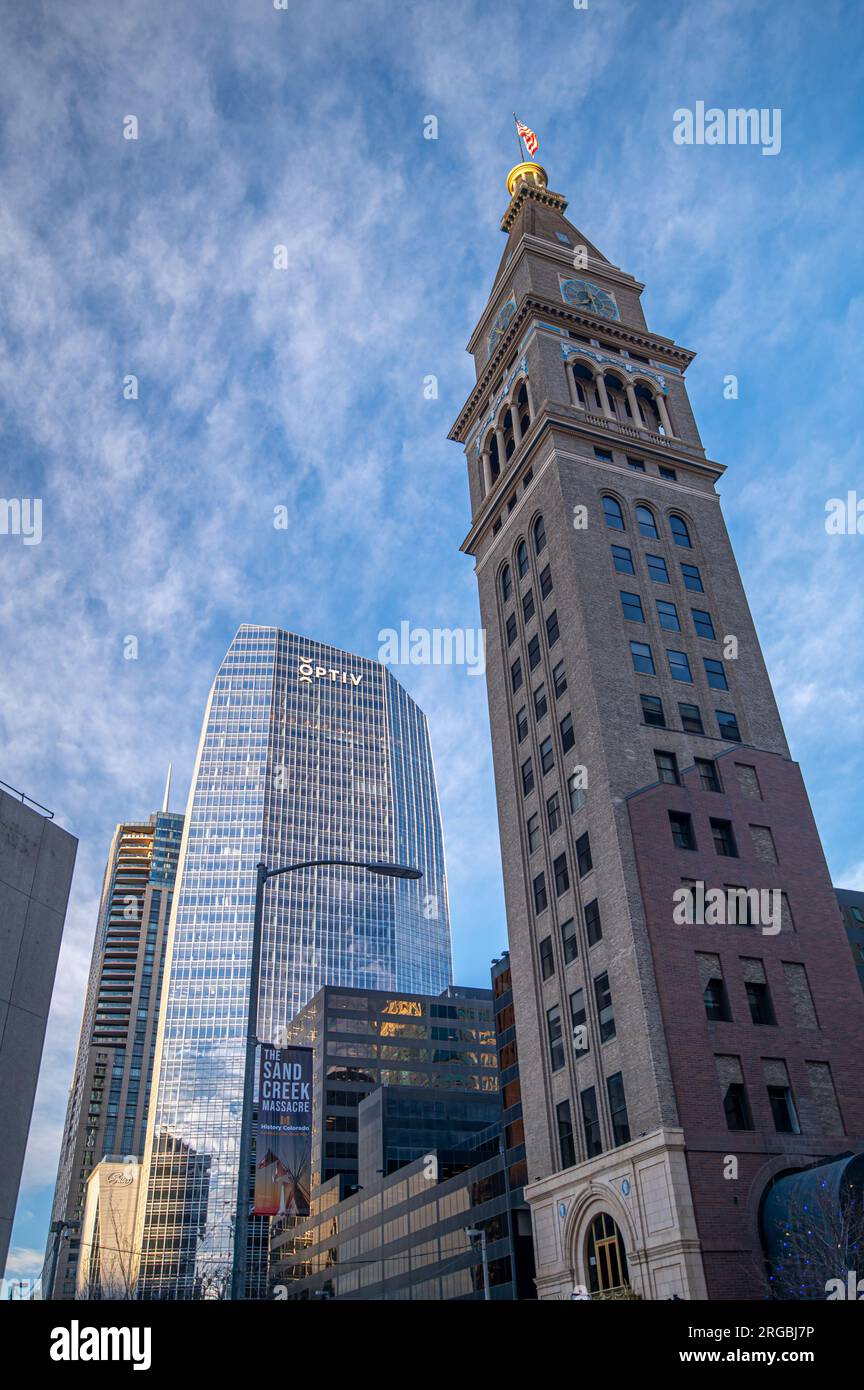 A beautiful shot of the Denver Clock Tower and nearby skyscrapers early on a Sunday morning in downtown Denver, Colorado. Stock Photo
