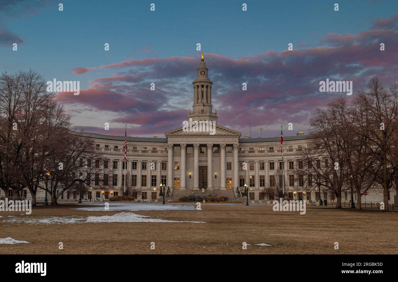 Beautiful shot of the City Courthouse in downtown Denver before the sun comes up and with some beautiful pink clouds in the sky. Stock Photo