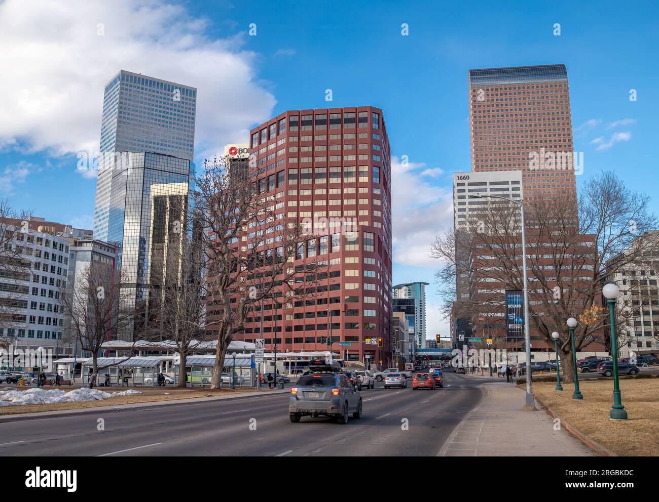 This is the view one has of downtown Colorado looking from the sidewalk in front of the Colorado capital building. Stock Photo