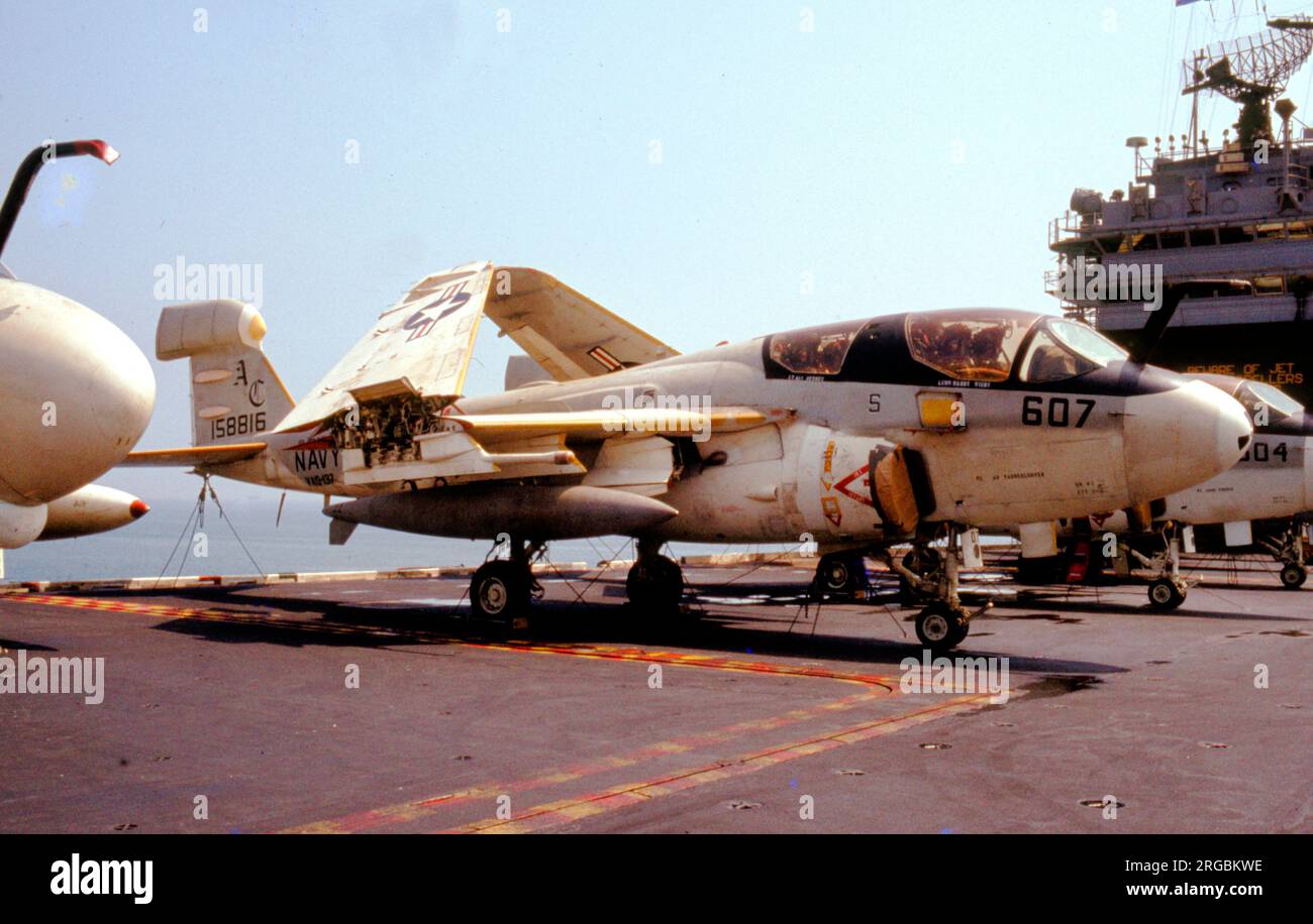 United States Navy (USN) - Grumman EA-6B-45-GR EXCAP Prowler 158816 (msn MP-46), of VAQ-137, ranged on the deck of USS America. Stock Photo