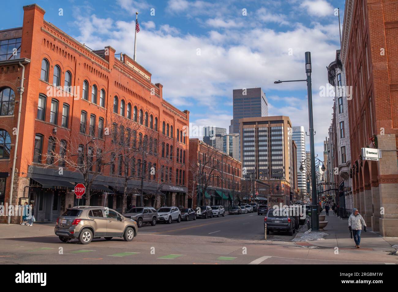 Downtown Denver on a winter afternoon with a mix of old historic buildings and the taller new buildings reaching for the sky. Stock Photo