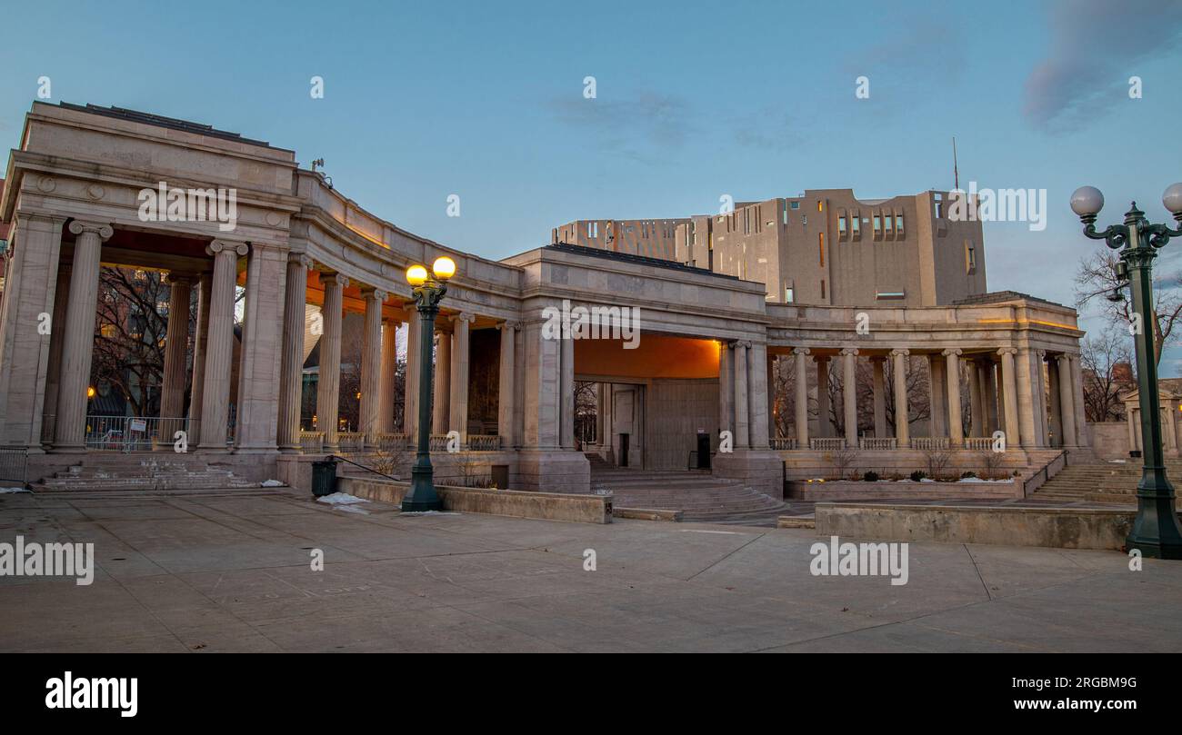 An early morning shot of the beautiful and empty amphitheater at Civic Center Park in Denver, Colorado. Stock Photo