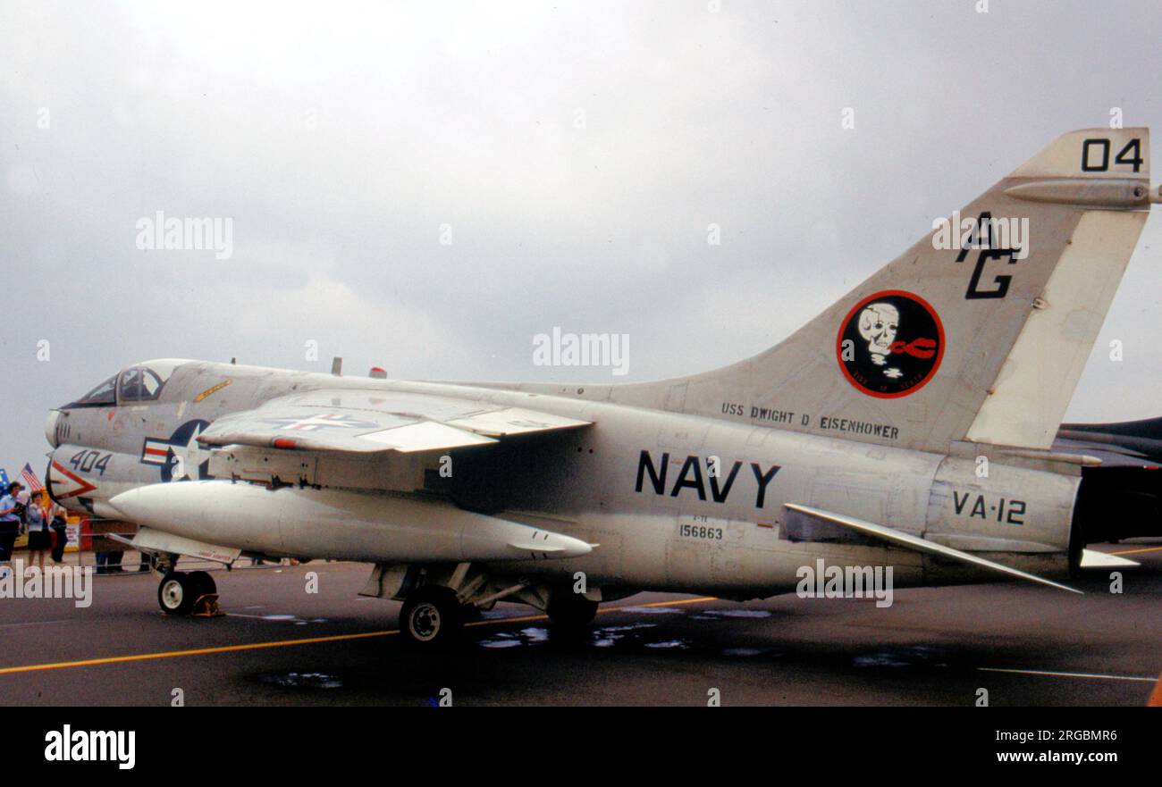 United States Navy (USN) - Ling Temco Vought A-7E-5-CV Corsair II 156863 (MSN E130), of VA-12 embarked on USS Dwight D. Eisenhower, at RAF Greenham Common for the international Air Tattoo on 23 July 1983. Stock Photo