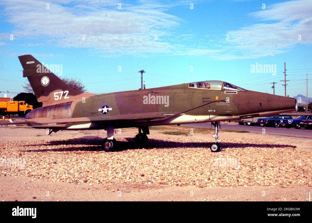 North American F-100D Super Sabre 56-3055 (msn 235-153), marked as '572' in front of the Arizona Air National Guard HQ. Stock Photo