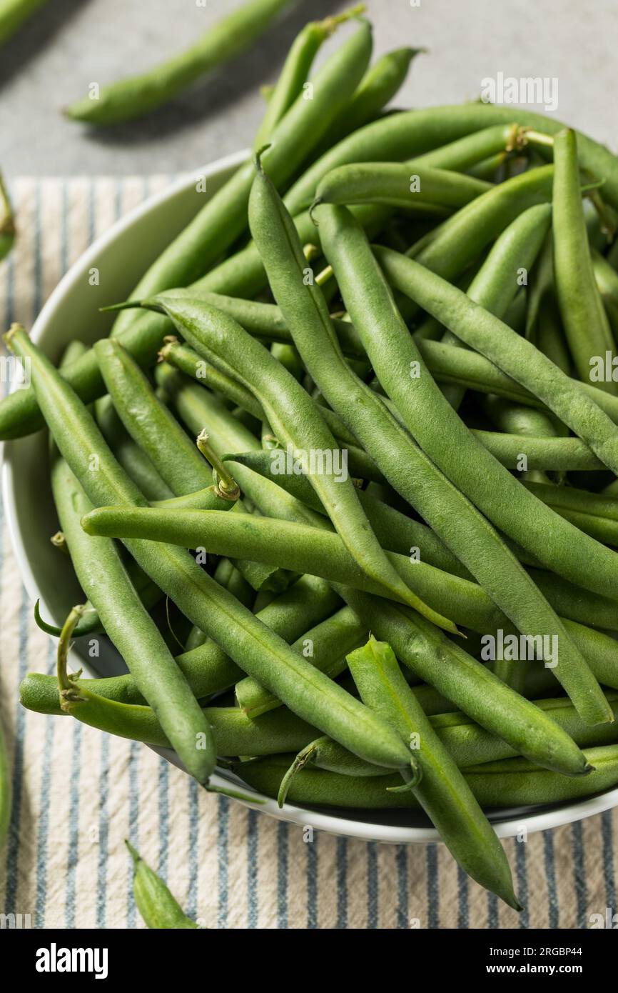 Organic Raw French Green Beans in a Bowl Stock Photo