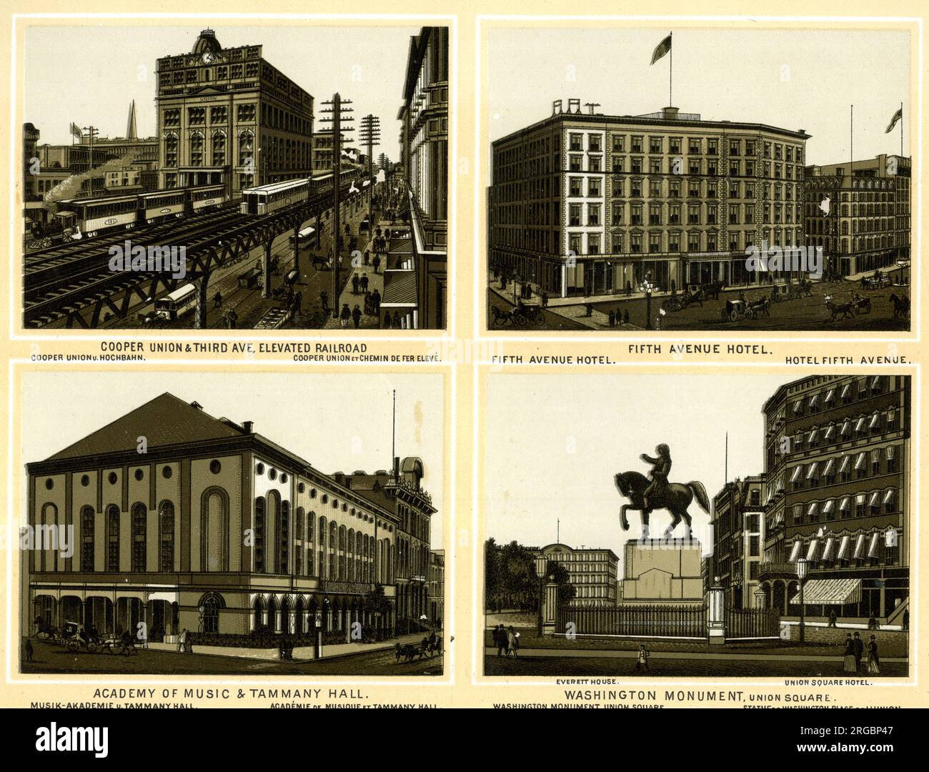 Four views of New York City, USA - Elevated Railway, Cooper Union and Third Avenue; Fifth Avenue Hotel; Academy of Music and Tammany Hall; Washington Monument, Union Square Stock Photo