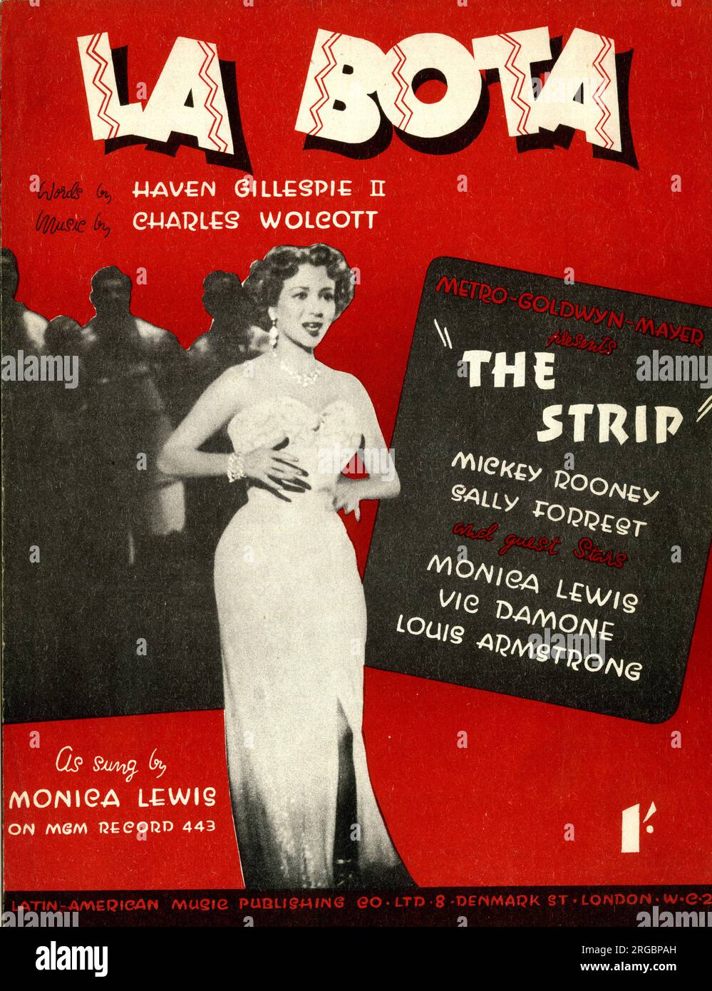 Music cover, La Bota, words by Haven Gillespie II,  music by Charles Wolcott, sung by Monica Lewis in MGM film The Strip Stock Photo