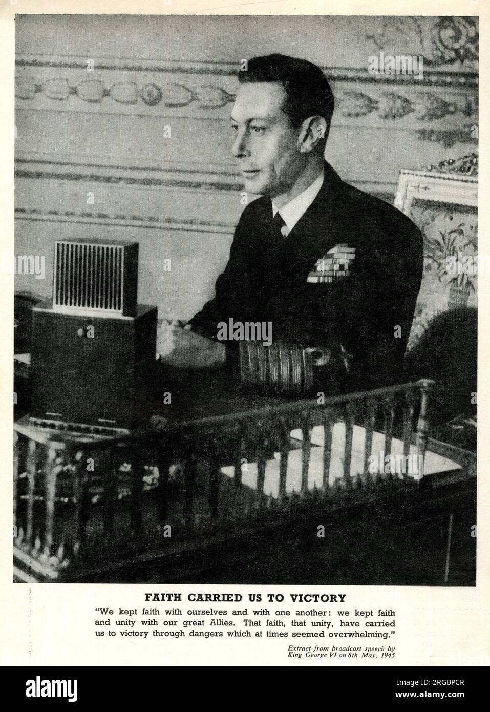 King George VI giving radio broadcast, 8 May 1945, end of WW2 - Faith carried us to Victory. Stock Photo