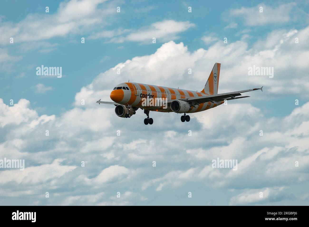 Zurich, Switzerland, July 13, 2023 D-AICU Condor Airbus A320-214 aircraft with a special painting is landing on runway 14 Stock Photo