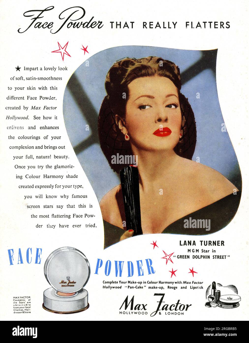 Advert for Max Factor face powder, as worn by Lana Turner, MGM film star in Green Dolphin Street Stock Photo