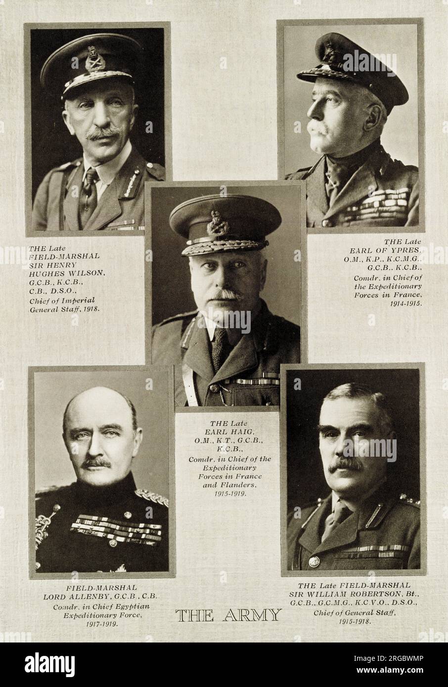 Army leaders during the first 25 years of the reign of King George V: Hughes Wilson, Earl of Ypres, Allenby, Haig, Robertson. Stock Photo
