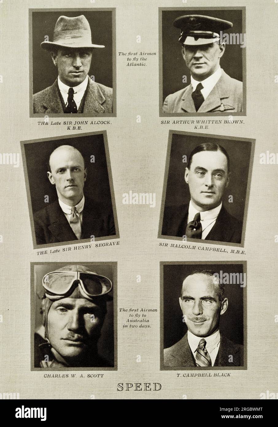 Pioneers in Land and Air Speed during the first 25 years of the reign of King George V: Alcock, Brown, Segrave, Campbell, Scott, Campbell Black. Stock Photo