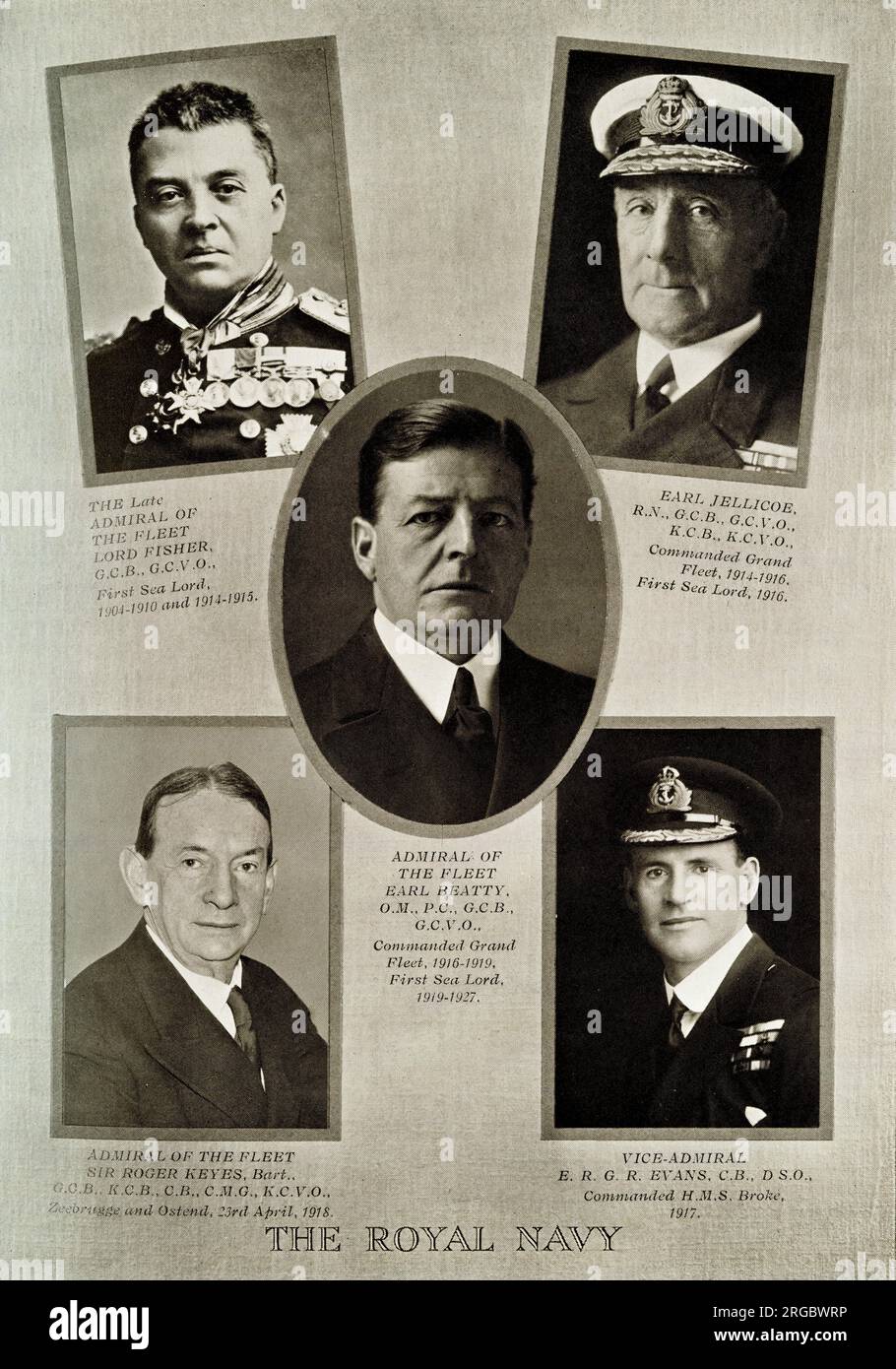 Royal Navy leaders during the first 25 years of the reign of King George V: Lord Fisher, Earl Jellicoe, Earl Beatty, Sir Roger Keyes, Vice-Admiral Evans. Stock Photo
