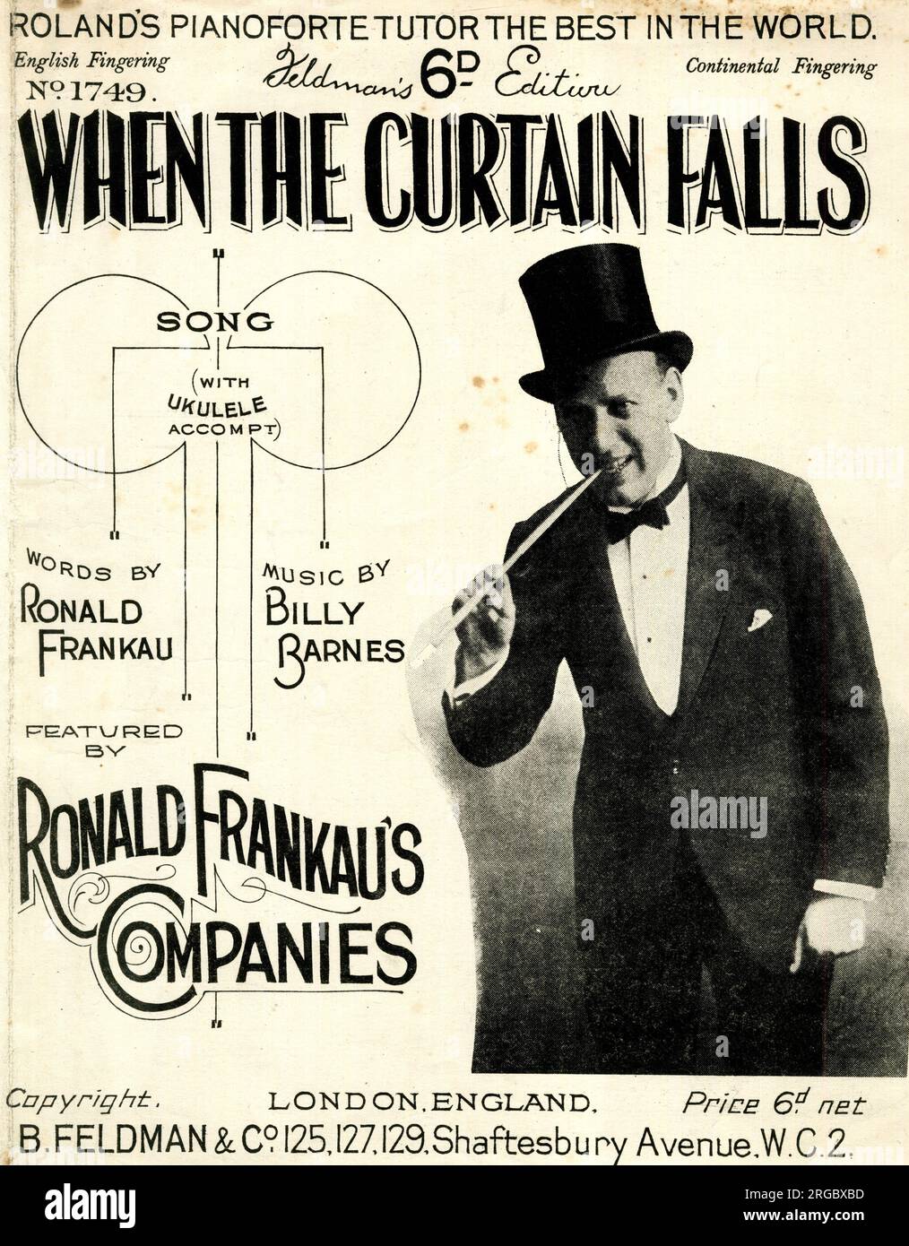 Music cover, When the Curtain Falls, words by Ronald Frankau, music by Billy Barnes, featured by Ronald Frankau's Companies Stock Photo