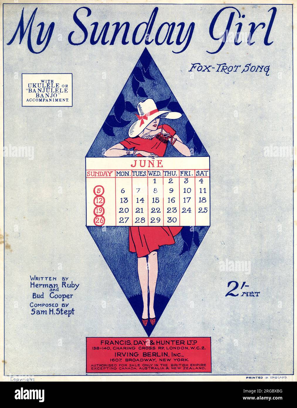 Music cover, My Sunday Girl, fox-trot song, written by Herman Ruby and Bud Cooper, composed by Sam H Stept Stock Photo