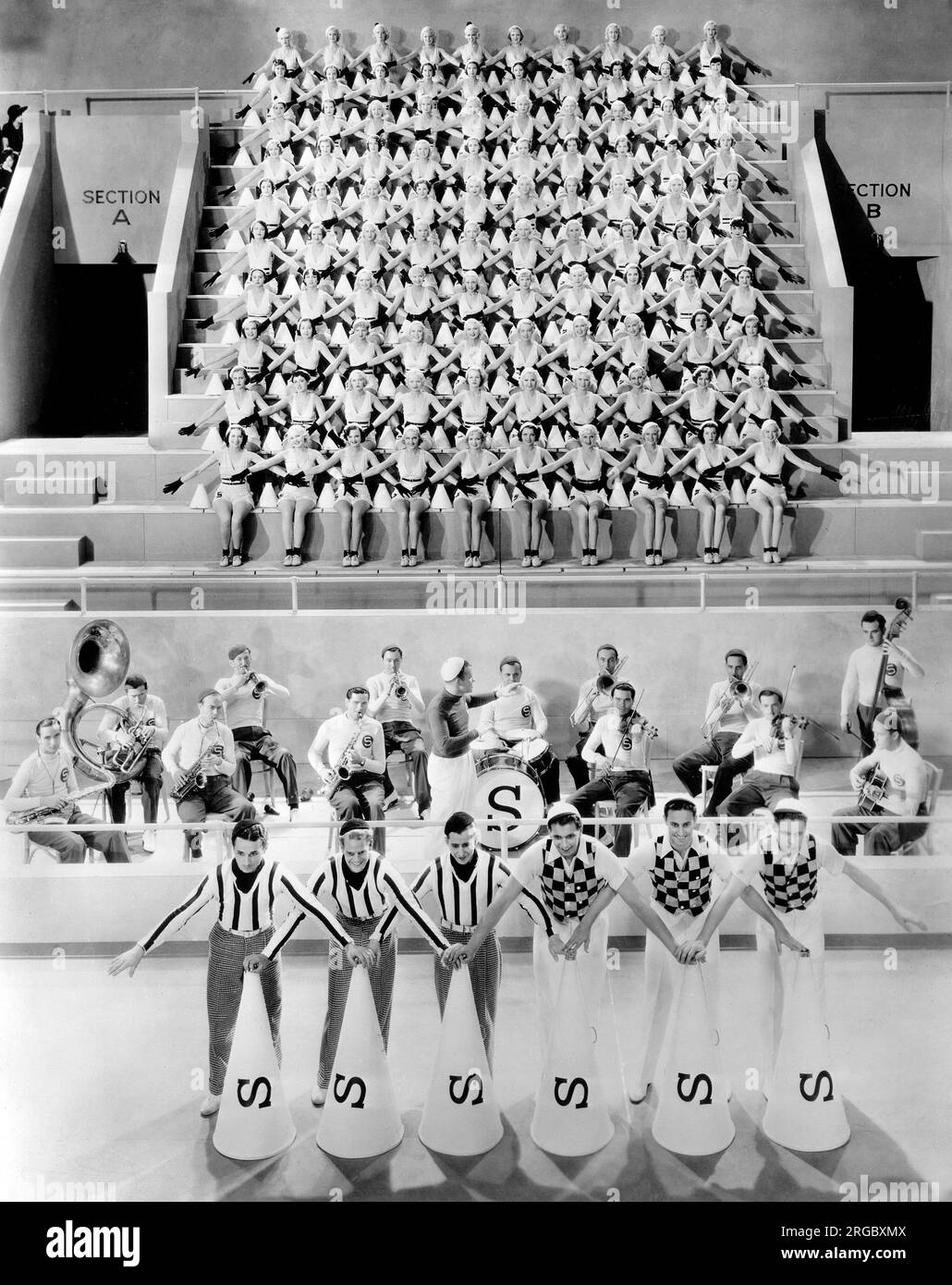 Musical Number at College Football Stadium, on-set of the Film, 'College Rhythm', Paramount Pictures, 1934 Stock Photo