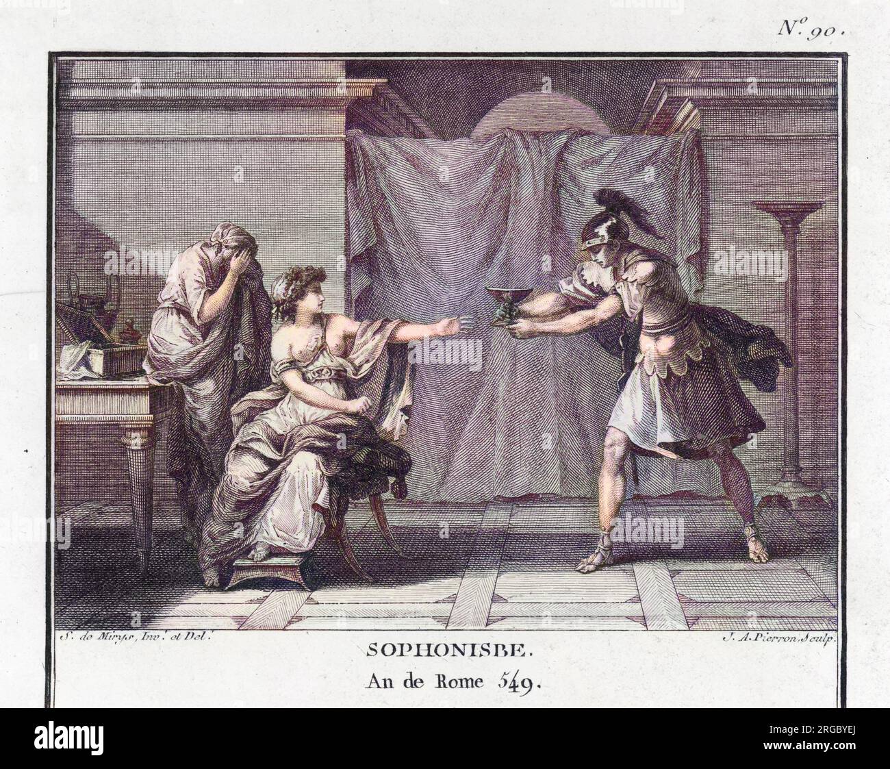 Sophonisba, a Carthaginian noblewoman, daughter of Hasdrubal Gisco Gisgonis, takes poison when her husband Syphax, King of the Masaesyli (or western) Numidians, is defeated by Massinissa, leader of the Massylian (or eastern) Numidians. Massinissa marries her, but she wishes to avoid the humiliation of being forced to take part in a triumphal procession in Rome, so she accepts the poison from Massinissa himself, whose fear of the Romans is stronger than his love for her. Stock Photo