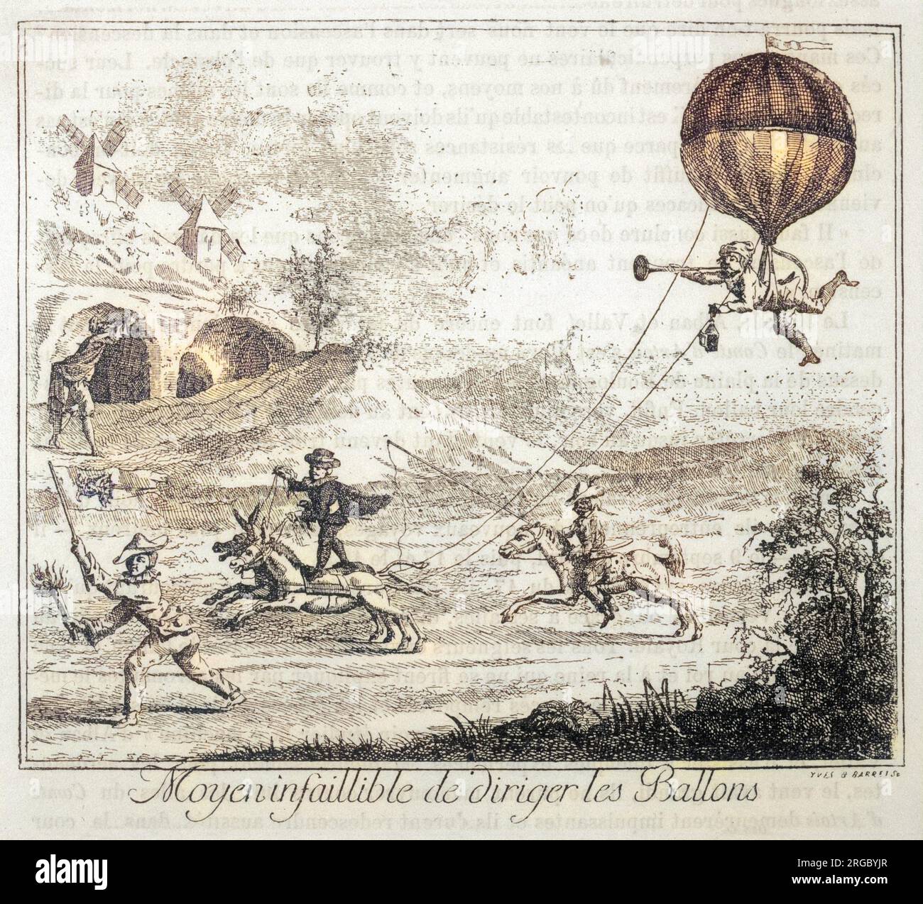 French satire on ballooning using horses to steer wayward balloon. Stock Photo