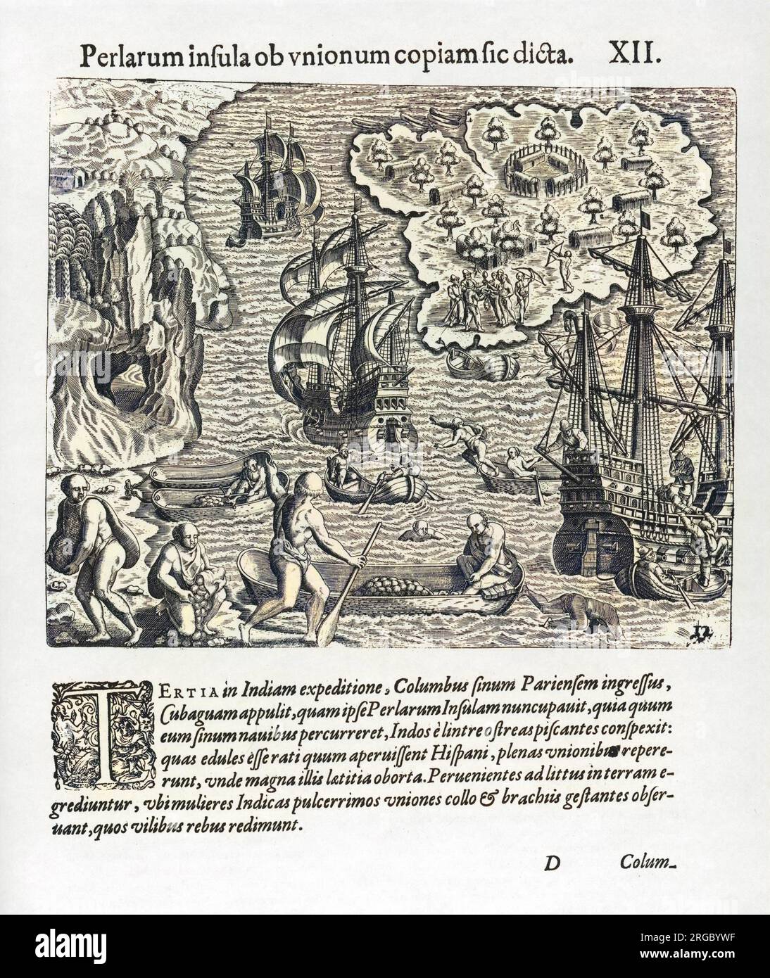 During his third voyage, Christopher Columbus discovers Cubagua, and names it 'Pearl Island' because of the abundance of pearl oysters Stock Photo