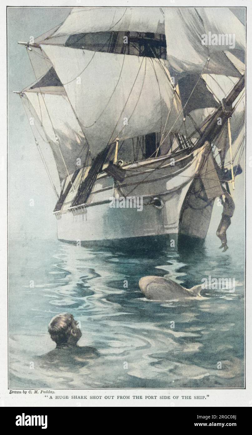 ABEL FOSDYK'S STORY All the crew, except Fosdyk, are eaten by sharks : he survives on drifting wreckage of the fallen 'quarter-deck' (almost certainly a hoax) Stock Photo