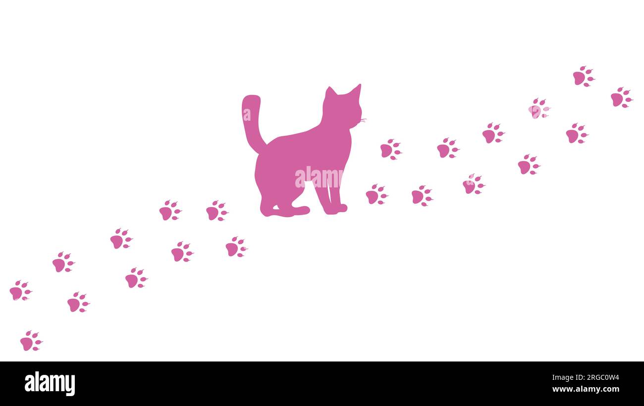 Cat going up, its footprints, paw prints. Path of cat tracks. Pink purple silhouette. Vector isolated on white. Pet. Design poster pet shop cover prin Stock Vector