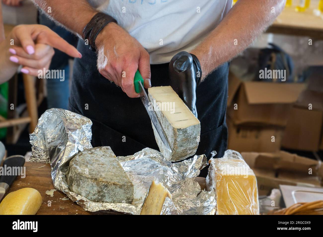 Seller's hands cut off a piece of cheese. Russian farmer's cheeses from the manufacturer. Assortment of tasty cheese on the counter. Stock Photo