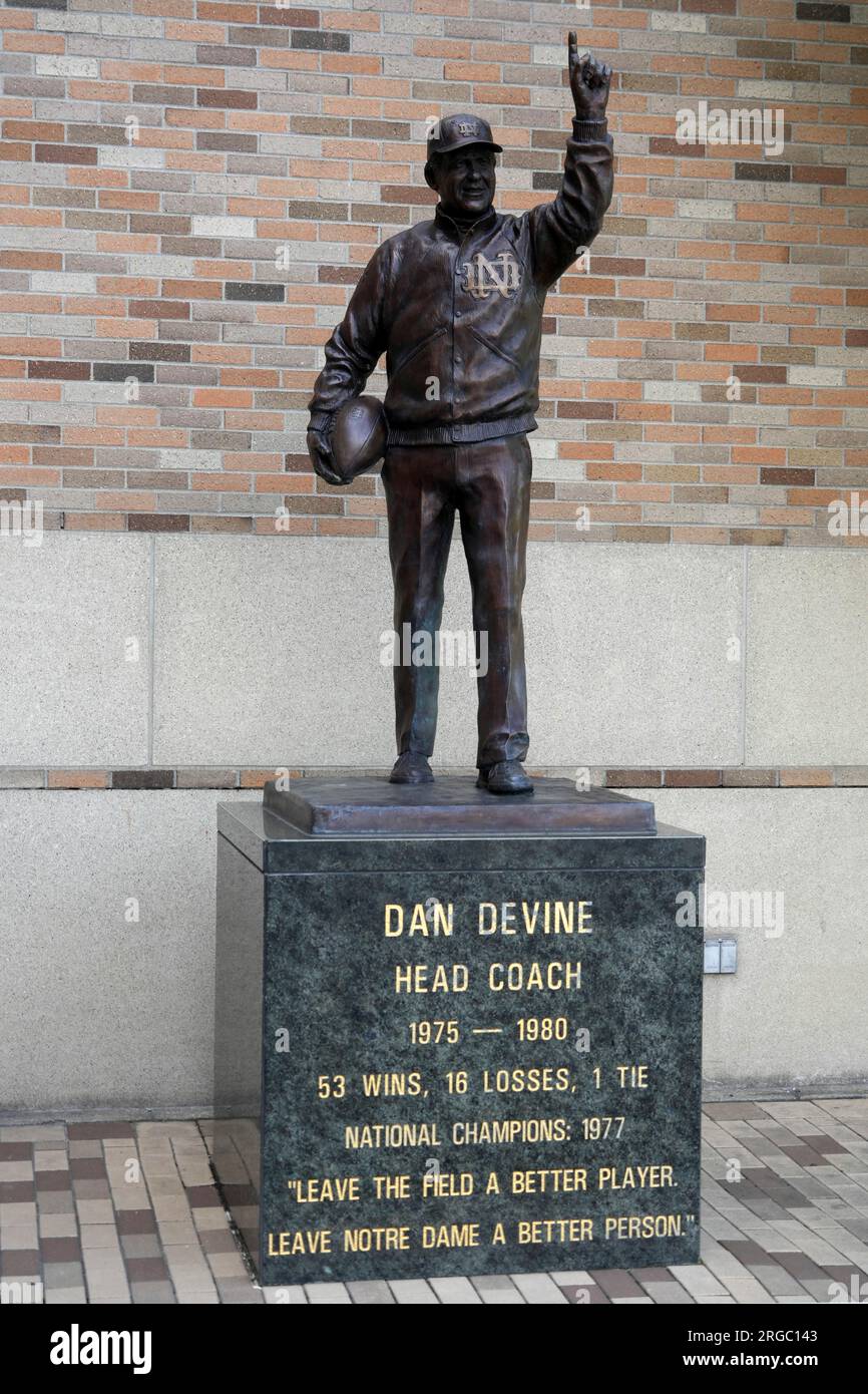 A statue of former Notre Dame Fighting Irish football coach Dan Devine ...