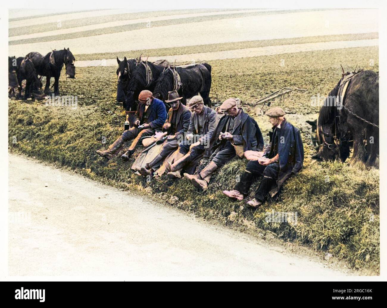 Ploughman's Lunch; farmworkers on the Wiltshire Downs enjoy their mid-day break Stock Photo