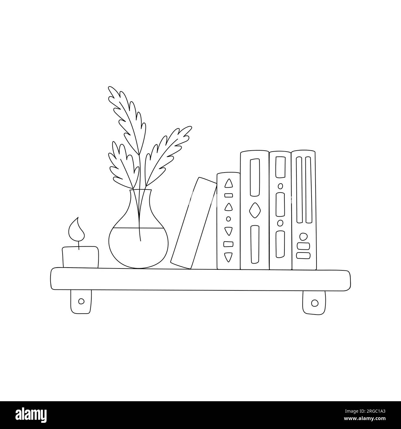 Hand drawn shelf with books, candle and vase with abstract twigs with leaves. Home decor, interior. Doodle books with a pattern. Black and white doodl Stock Vector