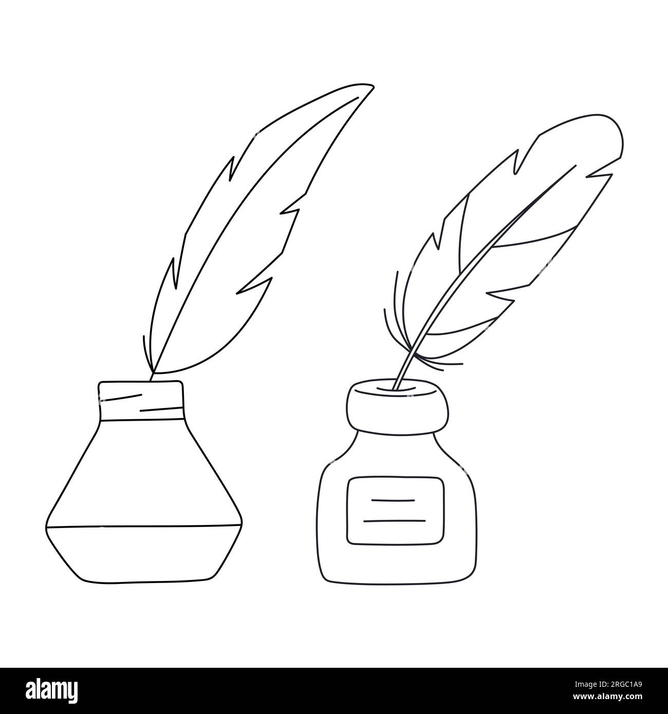 Hand drawn Inkwell with a feather for writing. Vintage writing tools