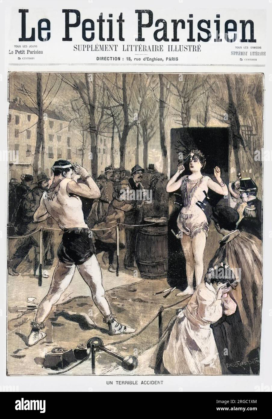 A terrible accident during a street circus act where a knife-thrower misjudges his aim and hits his woman assistant in the head with his throwing hatchet Stock Photo