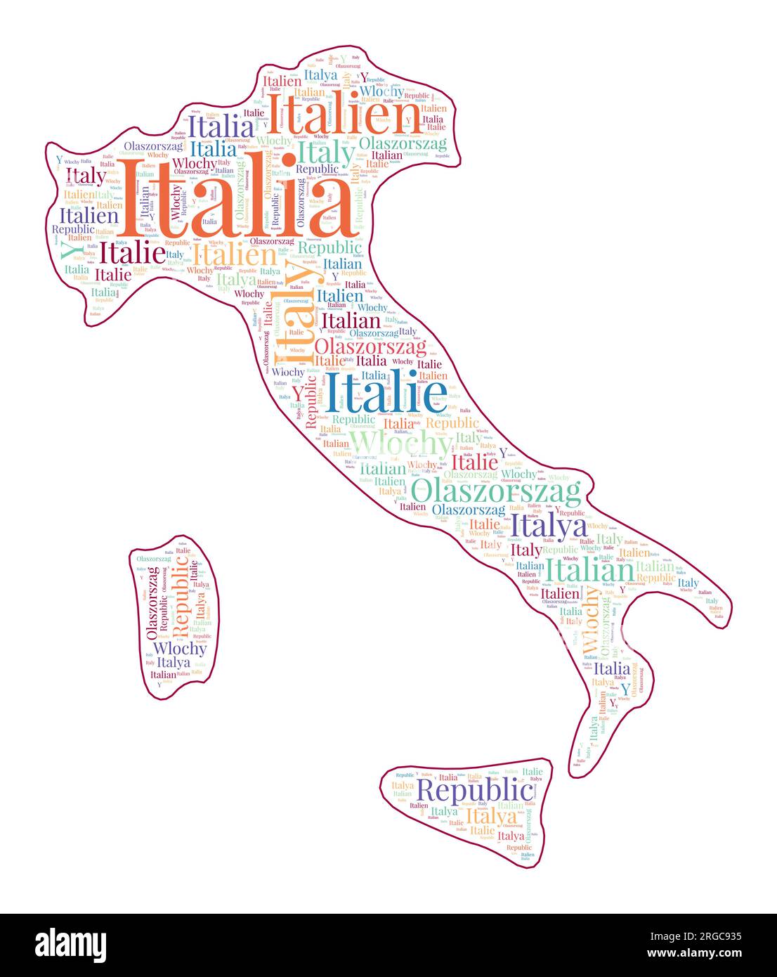 Italy shape filled with country name in many languages. Italy map in wordcloud style. Charming