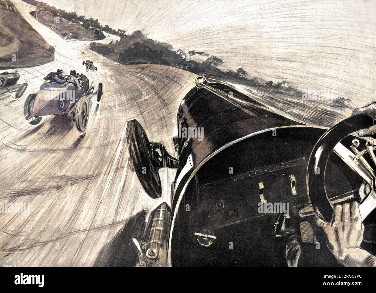 An impression of rounding a banked curve at Brooklands at a speed of 110 miles per hour, from the mechanics seat of a 59.6h.p. Benz, driven by Mr. L. G. Hornsted. Stock Photo