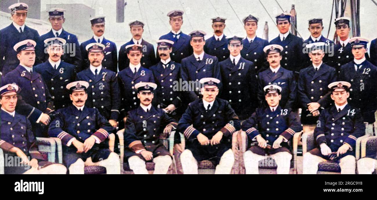 Fourteen Titanic engineers (pictured here aboard the Olympic) who were lost in the 1912 disaster. 1. W. D Mackie junior fifth. 2. F. A Parsons, senior fifth. 3. P. Sloan, senior electrician. 4. H. Jupe, assistant electrician. 5. F. Coy, junior assistant third. 6. B. Wilson, senior assistant 2nd. 7. L. Hodgkinson, senior 4th. 8. A. Ward, junior assistant 4th. 9. J. Shepherd, junior assistant 2nd. 10. H. Harvey, junior assistant 2nd. 11. H. Dyer, junior assistant 4th. 12. R. Millar, junior 5th. 13. J.Hesketh, second engineer. 14. G. F Hosking, senior 3rd. Stock Photo