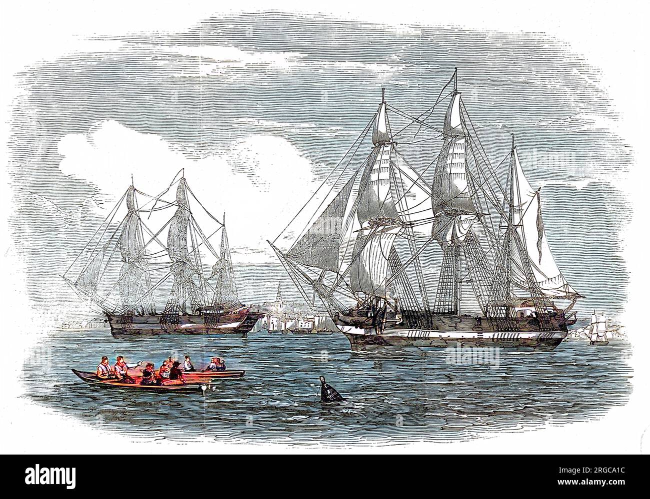 HMS 'Erebus' (left) and HMS 'Terror', pictured on the River Thames, 1845.  In 1845 the British Admiralty sent two polar exploration ships, HMS 'Erebus' and HMS 'Terror', to look for the Northwest passage round the northern coast of Canada. The expedition, commanded by Sir John Franklin, disappeared from view late in 1845 and none of the men were ever seen again.   In fact the ships made it to the King William Island region, then got stuck in the ice. With supplies running out the surviving crew abandoned ship and headed south. However, none made it to safety and it is assumed all died from dis Stock Photo