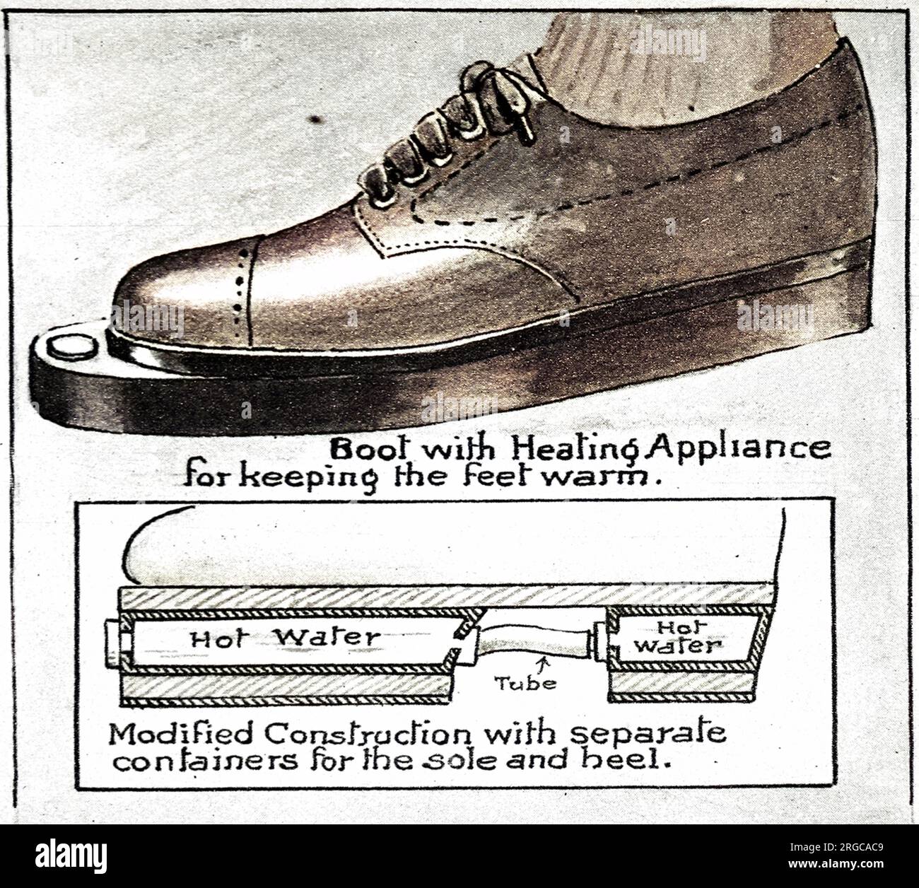 An invention patented in 1921 for a shoe with a hot water undersole, designed to keep one's feet warm on cold days. Stock Photo