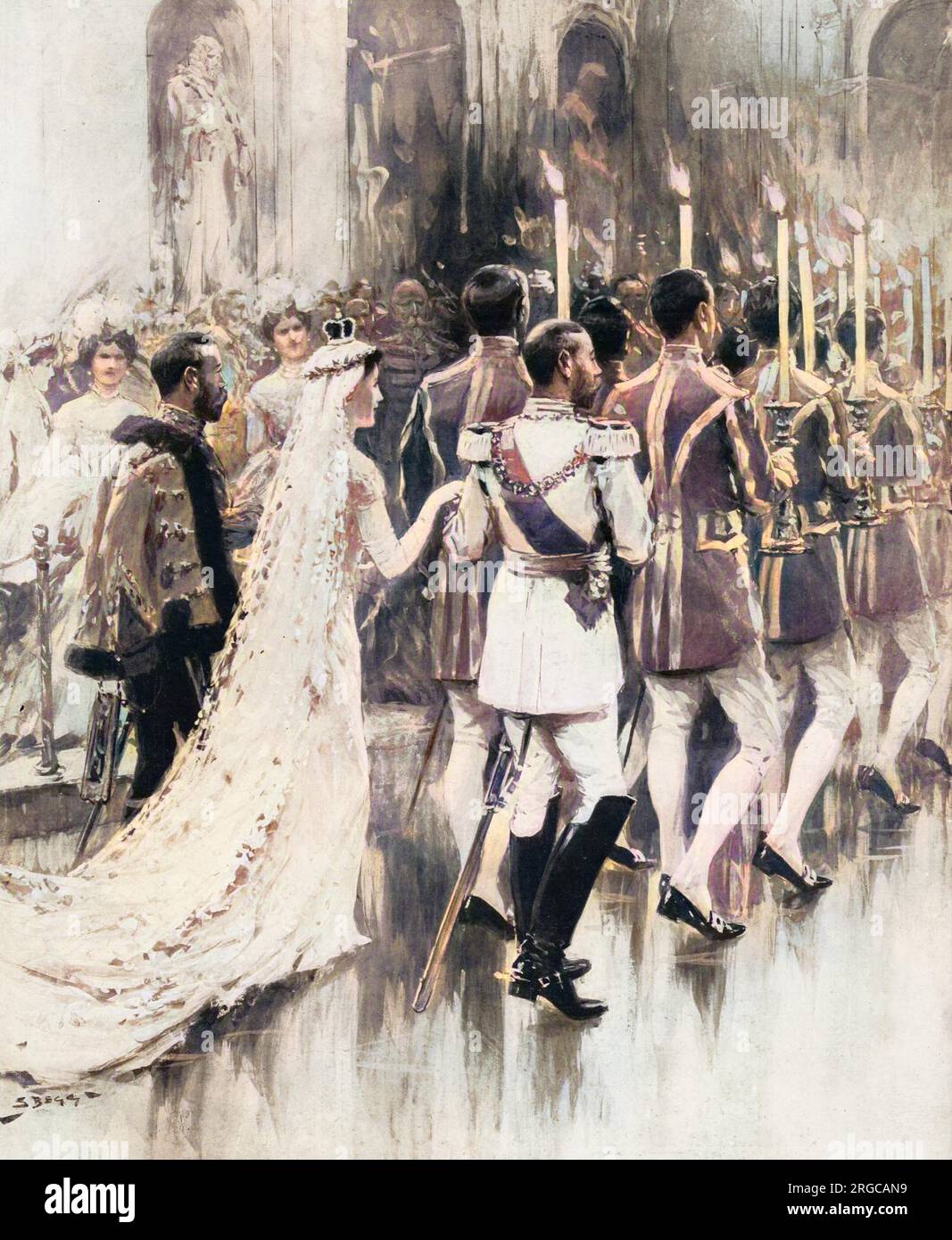 Princess Viktoria Luise, only daughter of the Kaiser, is accompanied by King George V in a traditional torch dance after her marriage to Prince Ernst of Cumberland. Stock Photo