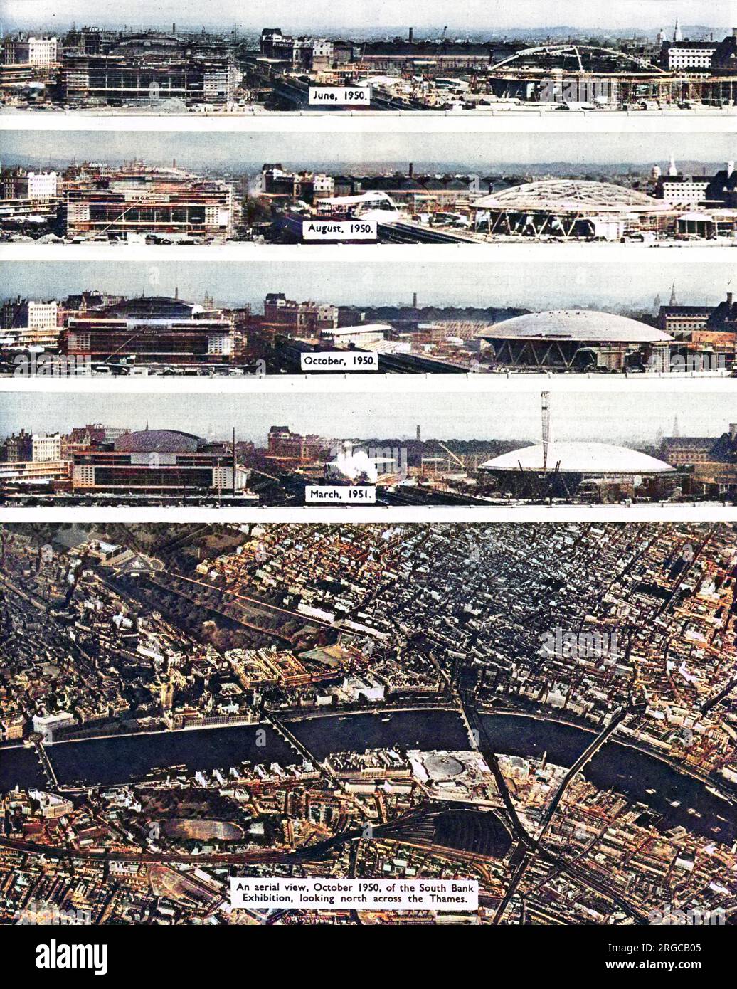 Four views of the Festival of Britain construction, dating from June 1950 to March 1951, with an aerial view below, showing London's South Bank in October 1950, looking north across the River Thames. Stock Photo