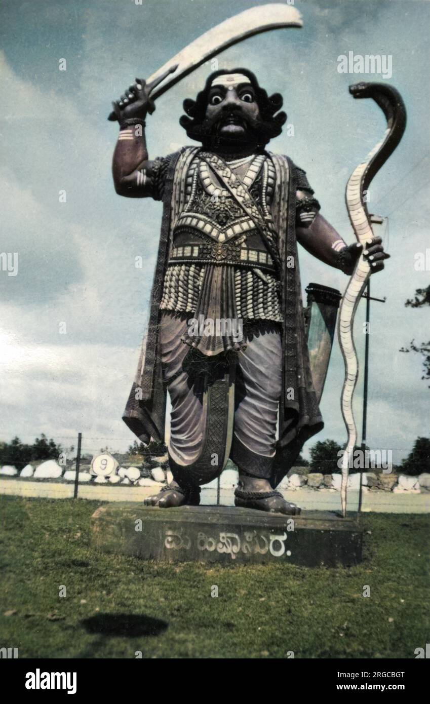 A statue of Mahishasura in Chamundi Hills, Mysore. Mahishasura was an Asura in Hindu Mythology - one of the forces of chaos that are in constant battle with Devas. Stock Photo