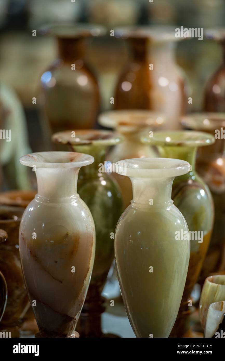 marble and onyx vases and jars close-up on sale at a souvenir shop in ...